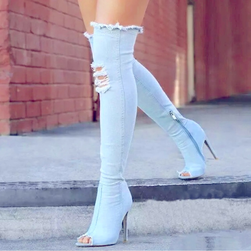 🖤SOLD🖤 New Light Denim Over the Knee Peep Toe High Heel Boots. - Picture 2 of 6